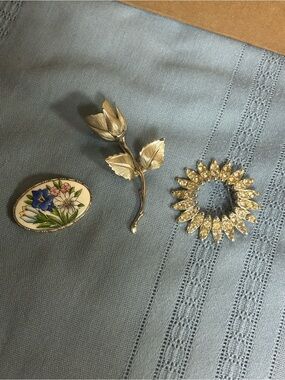 Vintage Floral Enamel brooch , Giovanni Brooch - and rhinestone circle brooch